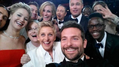 An image posted by Oscars show host Ellen DeGeneres (bottom row, 4th L) on her Twitter account shows movie stars, including Jared Leto, Jennifer Lawrence, Meryl Streep (bottom row L-3rd L), Channing Tatum, Julia Roberts, Kevin Spacey, Brad Pitt, Lupita Nyong'o, Angelina Jolie (top row L-R) and Bradley Cooper (bottom row, 2nd R), as well as Nyong'o's brother Peter (bottom row, R), posing for a picture taken by Cooper at the 86th Academy Awards in Hollywood, California March 2, 2014. 