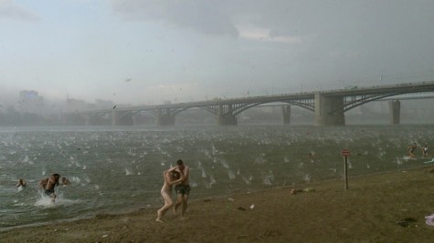 Bad weather hits beach, large hail in Novosibirsk, Russia 
