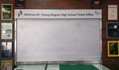 Whitney Young ticket booth with metal screen closed