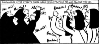 Satrapi's depiction of Iranian women engaged in both pro and anti-hijab protests in the 1980s